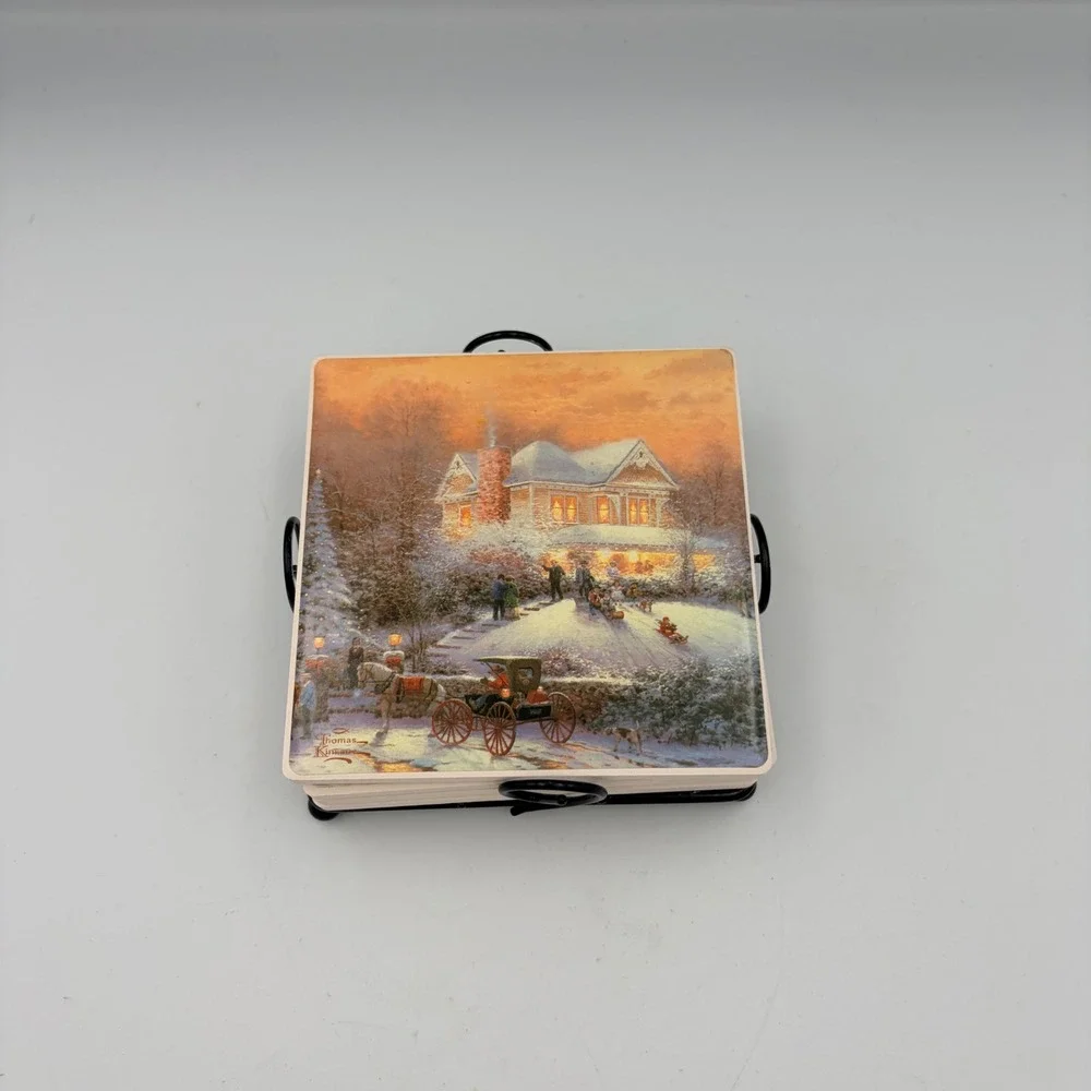 Thomas Kinkade Victorian Christmas II Ceramic Coaster Set of 4 with Metal Holder